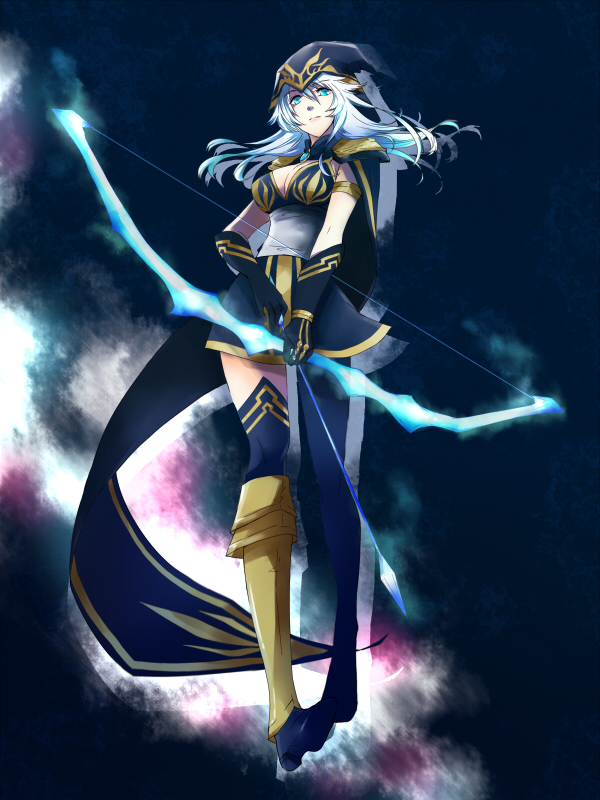 1girl arrow ashe_(league_of_legends) blue_eyes blue_hair boots bow_(weapon) breasts cape cleavage gloves hood kazusa_(artist-k) league_of_legends long_hair skirt solo thigh-highs weapon