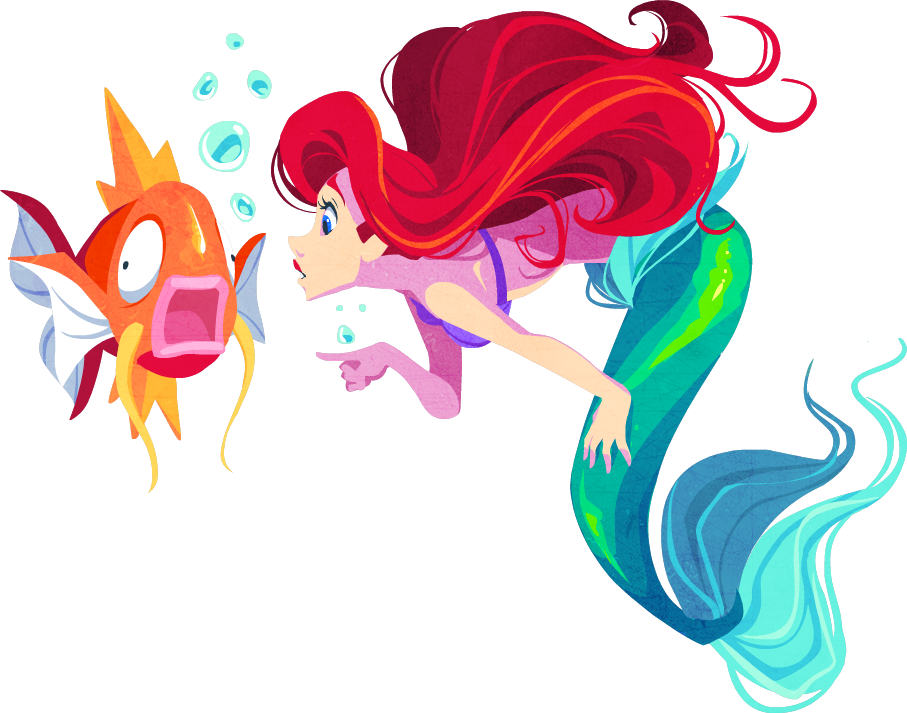 1girl ariel_(disney) blue_eyes bubble crossover fish kuitsuku lips long_hair looking_at_another magikarp mermaid monster_girl open_mouth pointing pokemon pokemon_(creature) redhead shell shell_bikini simple_background the_little_mermaid transparent_background