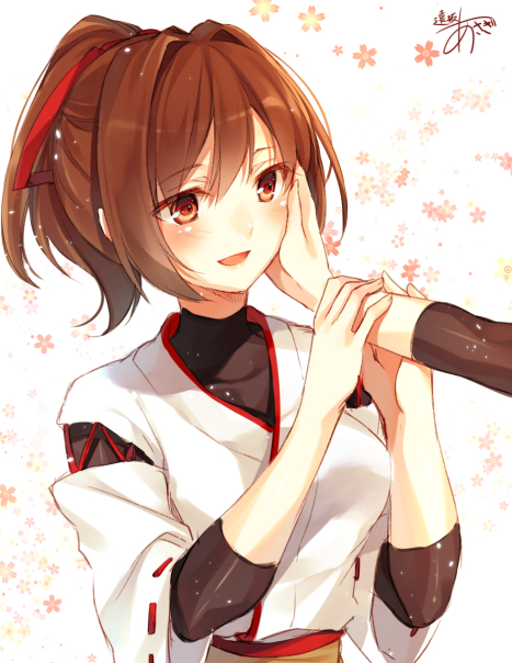 1girl :d brown_eyes brown_hair flower hand_on_another's_cheek hand_on_another's_face ise_(kantai_collection) japanese_clothes kantai_collection open_mouth ponytail ribbon-trimmed_sleeves ribbon_trim short_hair signature simple_background smile solo_focus toosaka_asagi white_background