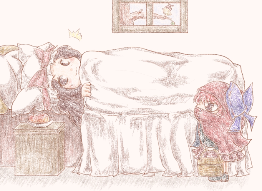 2girls apple bed bed_sheet bedroom bird bow brown_hair cape covered_mouth disguise food fruit imaizumi_kagerou in_tree little_red_riding_hood multiple_girls mystia_lorelei mystia_lorelei_(bird) picnic_basket red_clothes redhead sekibanki skirt sweat touhou tree wavy_mouth window ziogon