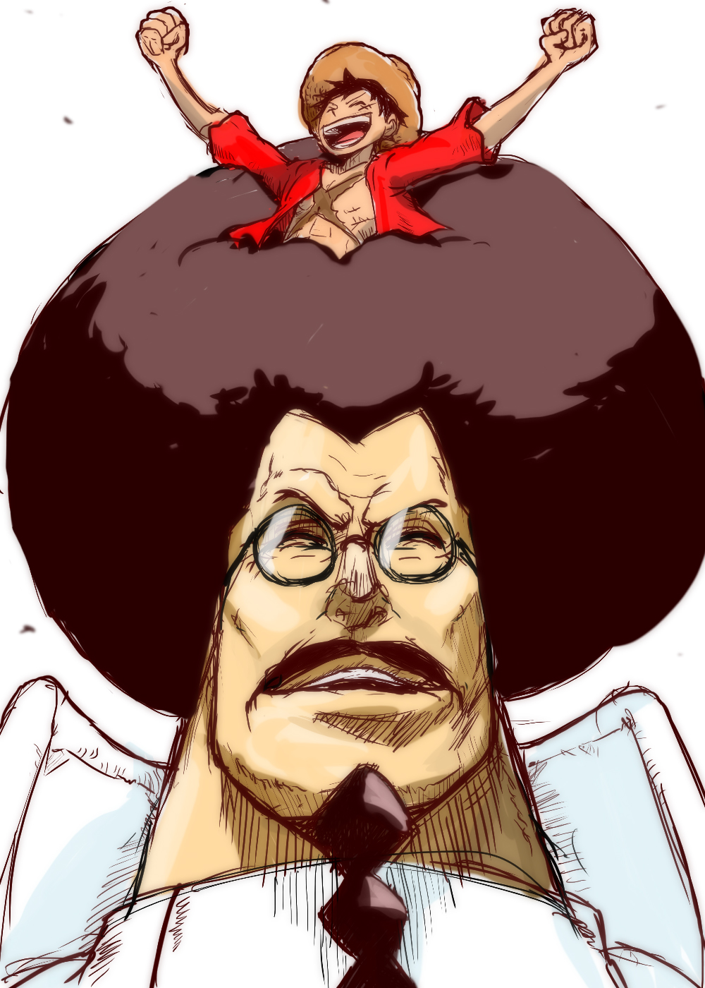 2boys afro beard black_hair facial_hair glasses hat highres male monkey_d_luffy multiple_boys one_piece open_clothes open_shirt red_shirt scar sengoku_(one_piece) size_difference smile straw_hat