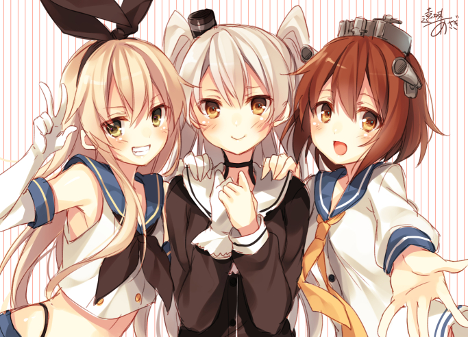 3girls :d amatsukaze_(kantai_collection) black_panties blonde_hair blush brown_eyes brown_hair elbow_gloves girl_sandwich gloves grin hand_on_another's_shoulder kantai_collection long_hair looking_at_viewer midriff multiple_girls open_mouth outstretched_hand panties personification sandwiched shimakaze_(kantai_collection) short_hair signature silver_hair simple_background smile striped striped_background thigh-highs toosaka_asagi twintails underwear v white_background yukikaze_(kantai_collection)