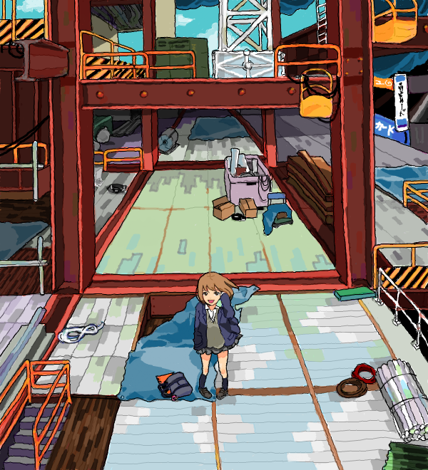 1girl blazer box brown_hair cable construction_site drawr i-beam kaworu kneehighs loafers looking_at_viewer original pigeon-toed pipes rafters school_uniform shoes short_hair sweat tarpaulin