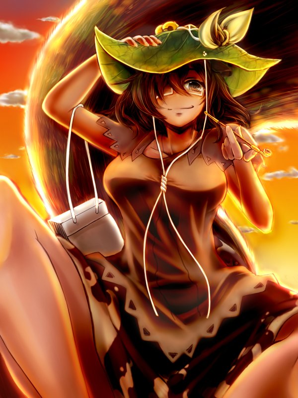 1girl animal_ears bare_legs bell blouse breasts brown_hair clouds fingernails futatsuiwa_mamizou glasses hand_on_head hotaru_(youlvp) jingle_bell knee_up leaf leaf_on_head light_smile notepad orange_sky pipe raccoon_ears raccoon_tail rimless_glasses short_hair skirt solo tail tail_raised touhou twilight