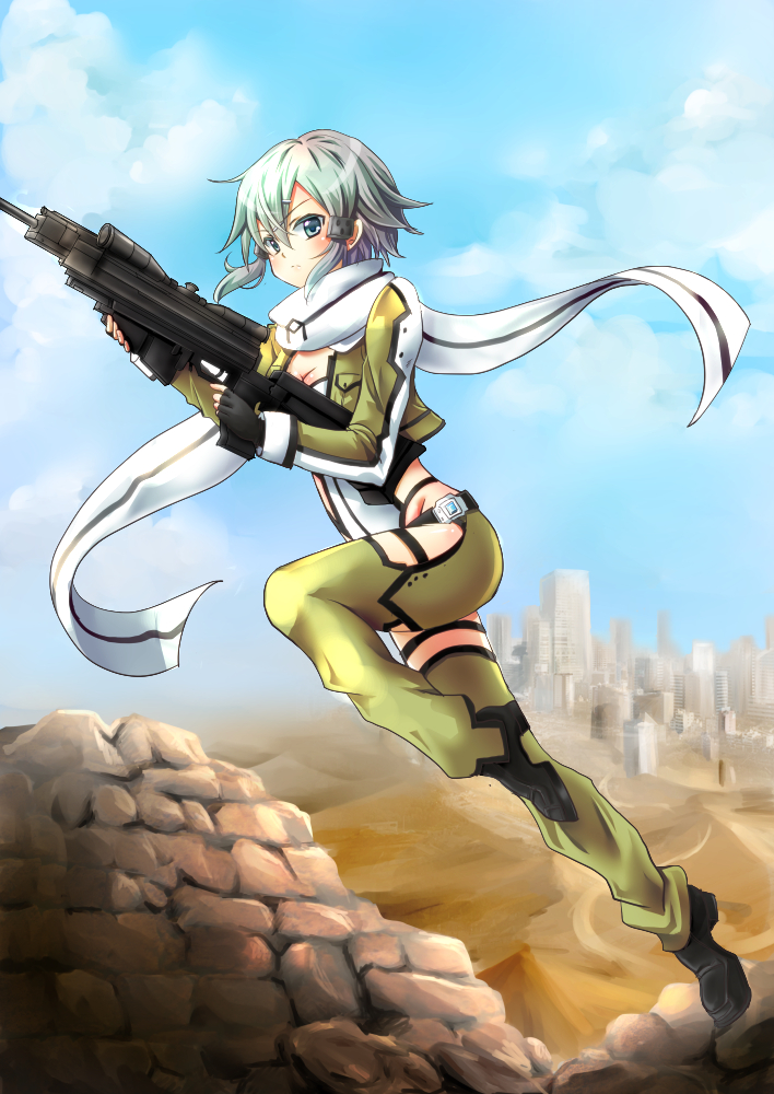 1girl aqua_eyes aqua_hair chaps chize fingerless_gloves gloves gun rifle scarf shinon_(sao) short_hair sniper_rifle sword_art_online weapon