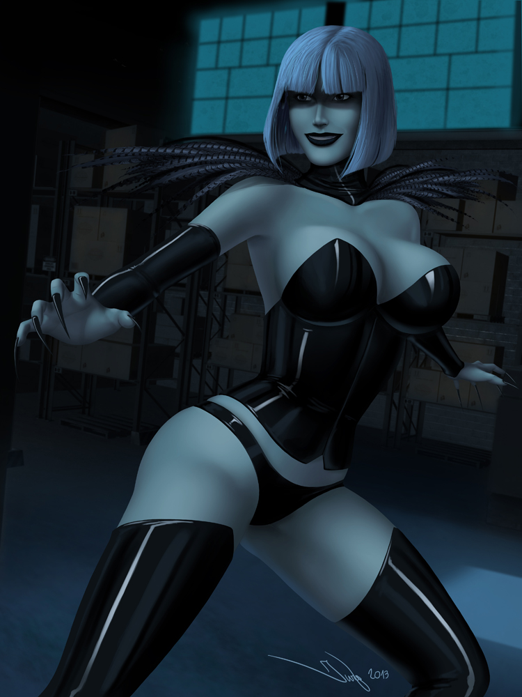 beware_the_batman black black_lipstick bob_cut bustier claws cowl dc_comics feathers hourglass iurypadilha large_breasts latex latex_panty magpie magpie(beware_the_batman) panty scantily_clad shiny sleeves smirk thigh-highs white white_hair