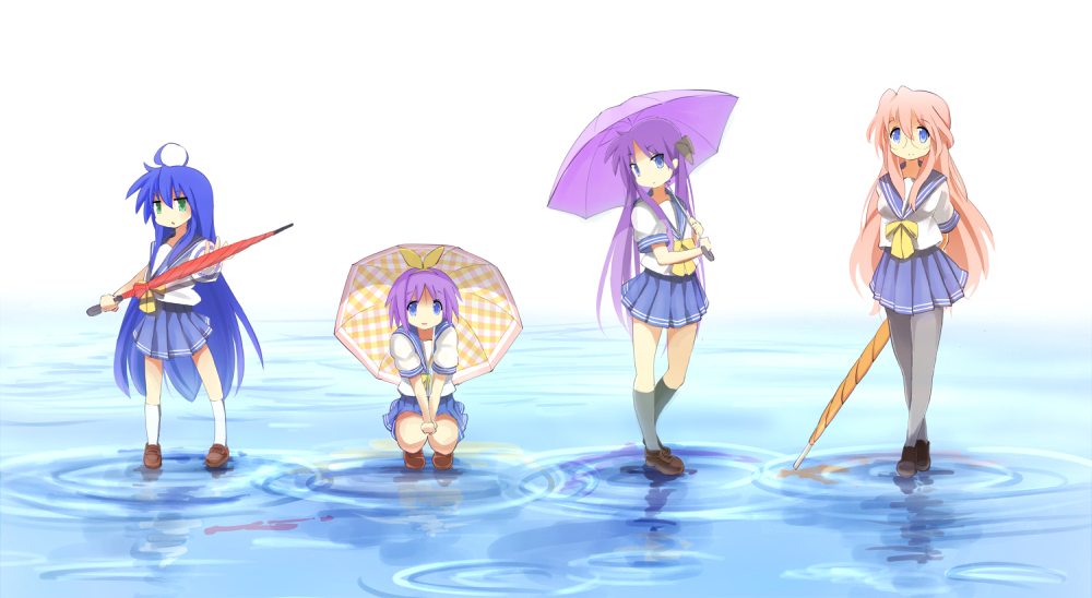 4girls blue_eyes blue_hair glasses green_eyes hiiragi_kagami hiiragi_tsukasa izumi_konata long_hair lucky_star multiple_girls pantyhose pink_hair purple_hair school_uniform serafuku short_hair suno-pi takara_miyuki umbrella violet_eyes water