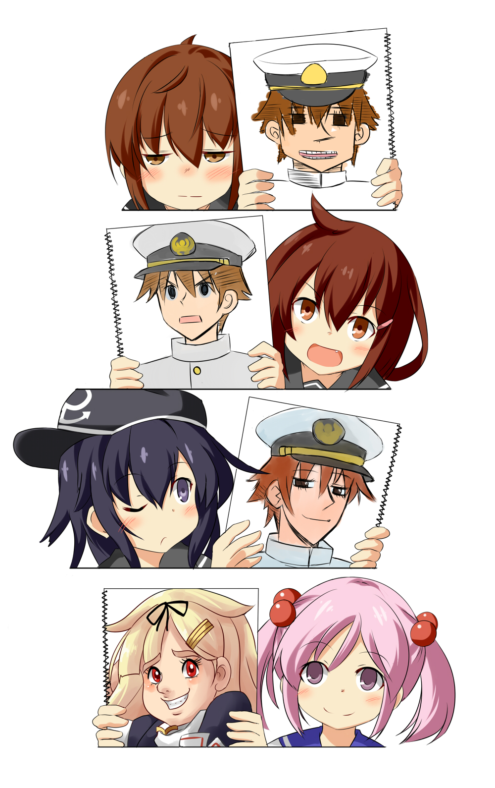 1boy 5girls admiral_(kantai_collection) akatsuki_(kantai_collection) be_(o-hoho) black_hair blonde_hair brown_eyes brown_hair fang hair_bobbles hair_ornament hair_ribbon hairclip hat highres ikazuchi_(kantai_collection) inazuma_(kantai_collection) kantai_collection long_hair multiple_girls naval_uniform odd_one_out open_mouth personification pink_eyes pink_hair red_eyes ribbon sazanami_(kantai_collection) school_uniform serafuku short_hair smile twintails yuudachi_(kantai_collection)