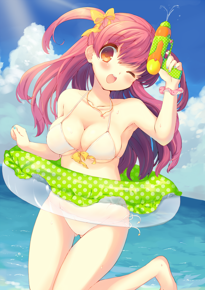 1girl barefoot beach bikini blush bow breasts cleavage hair_bow innertube jewelry kinoko long_hair necklace ocean open_mouth original red_eyes redhead short_twintails side-tie_bikini smile solo swimsuit thigh_gap twintails water water_gun wink