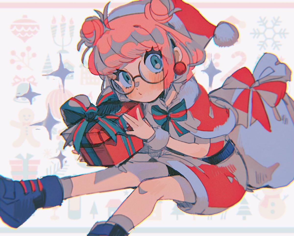 1girl aqua_eyes bag blue_footwear borrowed_character bow box capelet christmas double_bun earrings fur_trim gift gift_box hat hinann_bot holding holding_gift jewelry lulu_(luulubuu) original pink_hair red_capelet red_skirt santa_costume santa_hat shoes short_hair sitting skirt solo