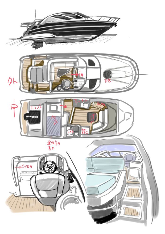 arrow_(symbol) boat boat_interior couch english_text floorplan no_humans original simple_background stairs table translation_request watercraft white_background yamaha yuuki_rika