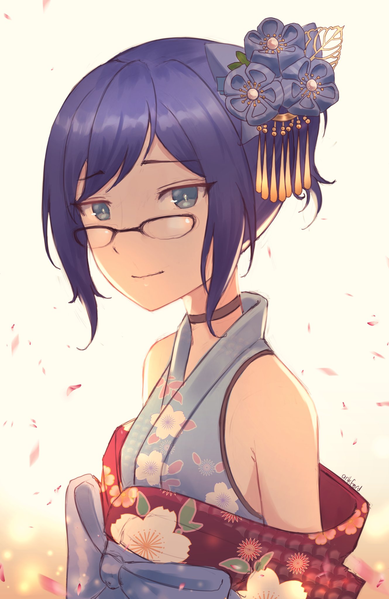 1girl alternate_costume alternate_hairstyle ark_ford artist_name blue_eyes breasts choker day falling_petals flat_chest floral_print from_side glasses hair_ornament hair_up highres hololive japanese_clothes kanzashi kimono light_smile looking_at_viewer off_shoulder petals sidelocks sketch sleeveless sleeveless_kimono small_breasts solo upper_body yuujin_a_(hololive)