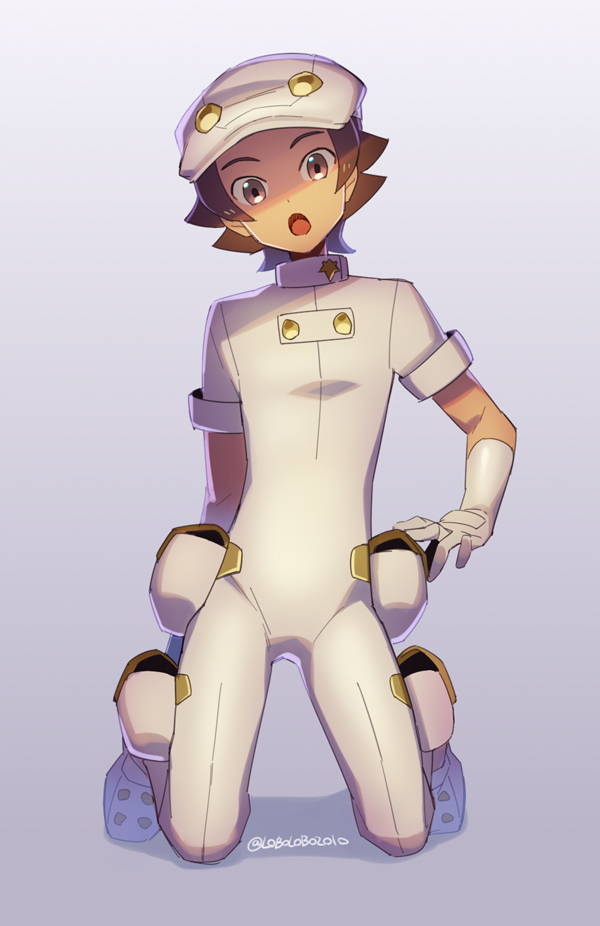 1boy :o aether_foundation_employee artist_name brown_eyes brown_hair commentary_request full_body gloves hat head_tilt kneeling looking_at_viewer male_focus momoji_(lobolobo2010) open_mouth pokemon pokemon_(game) pokemon_sm short_hair solo tongue