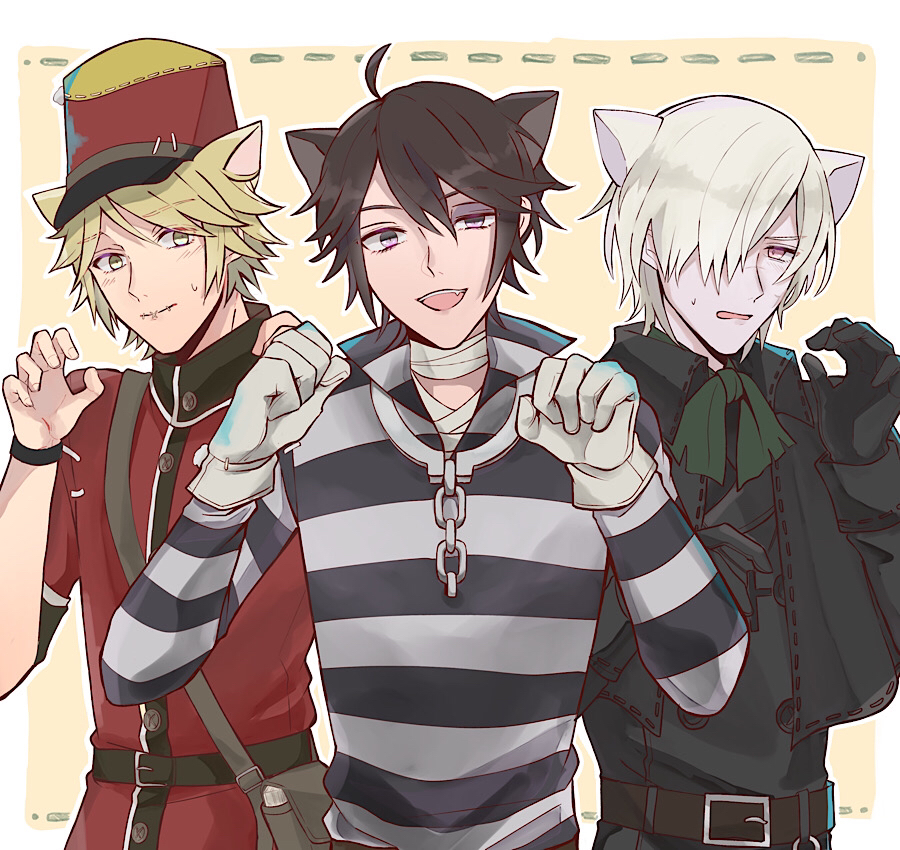 3boys :d ahoge albino andrew_kreiss animal_ears bag bandaged_neck bandages belt black_gloves blonde_hair brown_hair bruise bruised_eye capelet cat_boy cat_ears chain claw_pose closed_mouth coat cross eyebrows_visible_through_hair fang gloves green_neckwear hair_over_one_eye hat identity_v injury long_sleeves looking_at_another looking_at_viewer luca_balsa mailman male_focus multiple_boys open_mouth pale_skin popped_collar prison_clothes prisoner red_headwear scar scar_on_cheek scar_on_face scar_on_nose shirt shitari short_hair shoulder_bag sideways_glance simple_background smile stitched_mouth stitches striped striped_shirt sweat victor_grantz violet_eyes watch watch white_gloves white_hair yellow_eyes