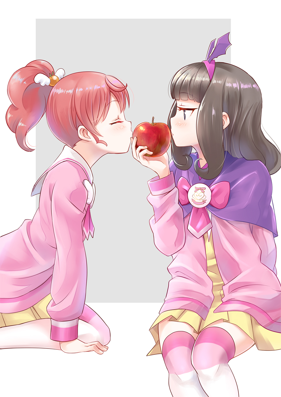 2girls apple bangs black_hair bow brown_hair commentary_request dress eyebrows_visible_through_hair facing_another fake_wings feet_out_of_frame food fruit grey_background hairband hand_up head_wings high_ponytail highres holding holding_food holding_fruit jacket kurosu_aroma long_hair looking_at_another multiple_girls okiru open_clothes open_jacket pink_bow pink_jacket pleated_dress ponytail pretty_(series) pripara profile purple_capelet purple_hairband purple_wings red_apple sailor_collar shiratama_mikan thigh-highs two-tone_background white_background white_sailor_collar wings yellow_dress