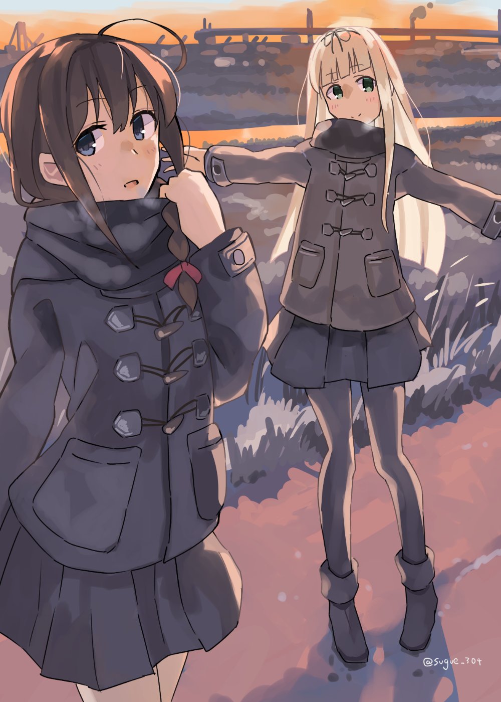 2girls ahoge bangs black_coat black_footwear black_hair black_legwear black_ribbon black_scarf black_skirt blonde_hair blue_eyes blunt_bangs boots braid coat commentary_request cowboy_shot cross-laced_footwear full_body grass green_eyes hair_over_shoulder hair_ribbon highres kantai_collection lace-up_boots long_hair looking_at_viewer multiple_girls outdoors outstretched_arms pantyhose pleated_skirt ribbon scarf shigure_(kantai_collection) skirt standing straight_hair sugue_tettou sunset yuudachi_(kantai_collection)