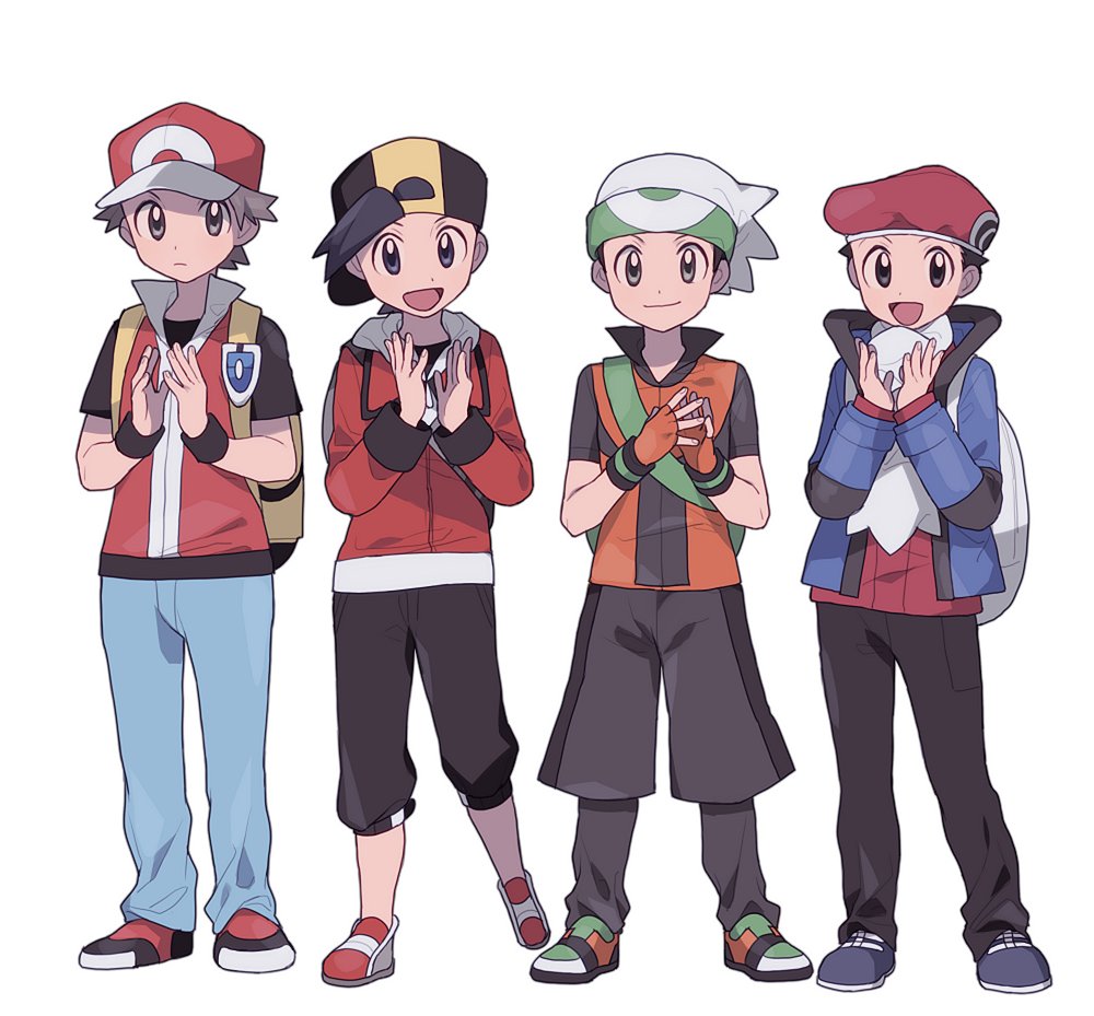 4boys :d backpack backwards_hat bag baseball_cap beanie black_hair black_shirt black_wristband blue_pants brendan_(pokemon) capri_pants closed_mouth commentary_request ethan_(pokemon) fingerless_gloves full_body gloves hands_up hat jacket long_sleeves looking_at_viewer lucas_(pokemon) male_focus multiple_boys open_mouth orange_gloves oshi_taberu pants pokemon pokemon_(game) pokemon_dppt pokemon_emerald pokemon_frlg pokemon_hgss pokemon_platinum pokemon_rse red_(pokemon) scarf shirt shoes smile standing tongue vs_seeker white_background wristband yellow_bag