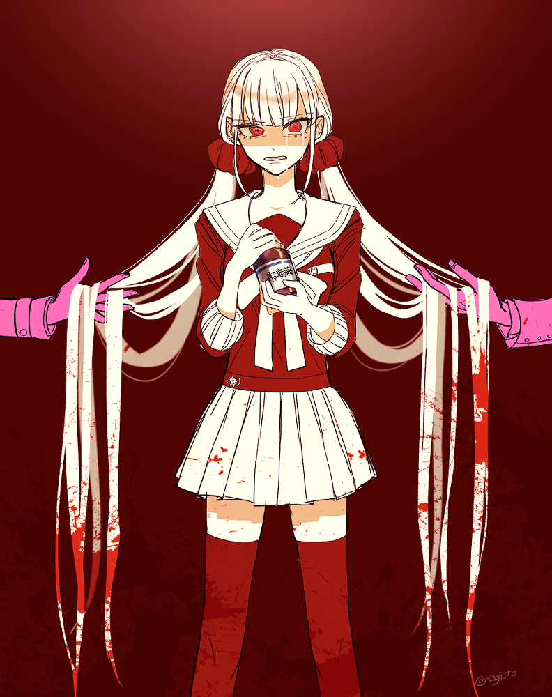 1girl bangs blood bloody_clothes bottle collarbone commentary_request crying crying_with_eyes_open dangan_ronpa_(series) dangan_ronpa_v3:_killing_harmony eyebrows_visible_through_hair feet_out_of_frame hands_up harukawa_maki holding holding_another's_hair holding_bottle limited_palette long_hair low_twintails mole mole_under_eye nagi_to_(kennkenn) pleated_skirt red_background red_eyes red_scrunchie red_shirt red_theme sailor_collar scrunchie shirt skirt sleeves_past_elbows solo_focus spoilers tears teeth thigh-highs twintails very_long_hair zettai_ryouiki
