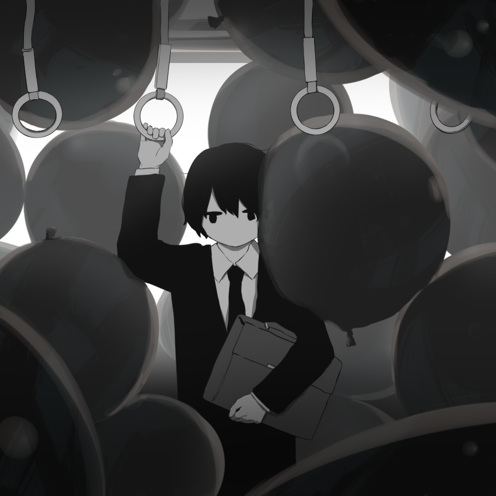 1boy avogado6 balloon black_eyes black_hair black_jacket black_pants business_suit colored_skin commentary_request formal greyscale holding holding_suitcase jacket male_focus monochrome necktie original pants solo suit suitcase train_interior white_skin