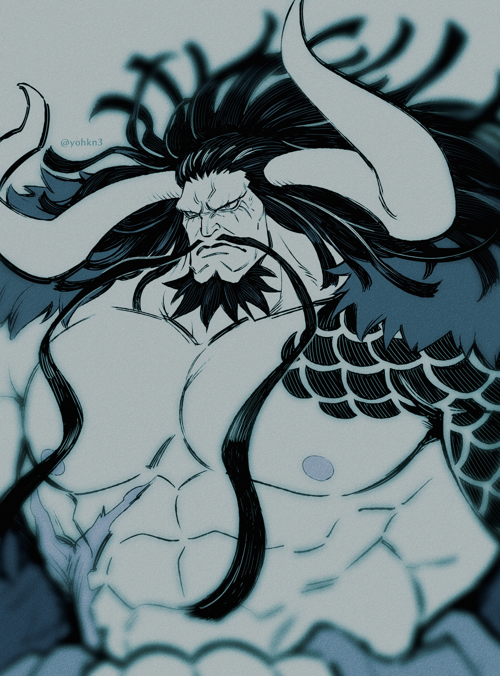 1boy abs areolae arm_tattoo beard cape chest_tattoo facial_hair hair_slicked_back highres horns kaidou_(one_piece) long_hair male_focus muscular muscular_male mustache no_eyebrows one_piece pectorals rope scar_on_stomach serious shirtless shoulder_tattoo solo stomach tattoo twitter_username upper_body youkan_(tako)