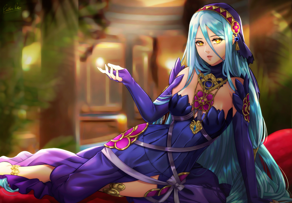 1girl anklet artist_name azura_(fire_emblem) bare_shoulders black_dress black_gloves black_veil blue_hair bow breasts commentary dress elbow_gloves english_commentary esther eyebrows_visible_through_hair fingerless_gloves fire_emblem fire_emblem_fates gloves hair_between_eyes hair_ornament headdress indoors jewelry lips long_hair looking_at_viewer lying necklace parted_lips pendant purple_bow purple_ribbon ribbon signature solo strapless strapless_dress teeth veil very_long_hair yellow_eyes