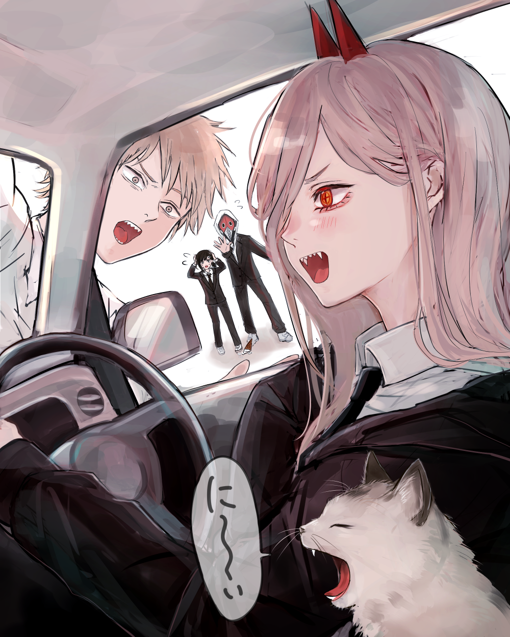 2boys 2girls :d :o black_hair blonde_hair car_interior cat chainsaw_man denji_(chainsaw_man) fangs formal from_side grey_cat hands_on_own_head higashiyama_kobeni highres horns meowing multiple_boys multiple_girls open_mouth outstretched_arm pink_hair plague_doctor_mask power_(chainsaw_man) red_eyes red_horns sharp_teeth smile speech_bubble steering_wheel suit teeth uzura_(piroro-foo) violence_devil_(chainsaw_man) white_background