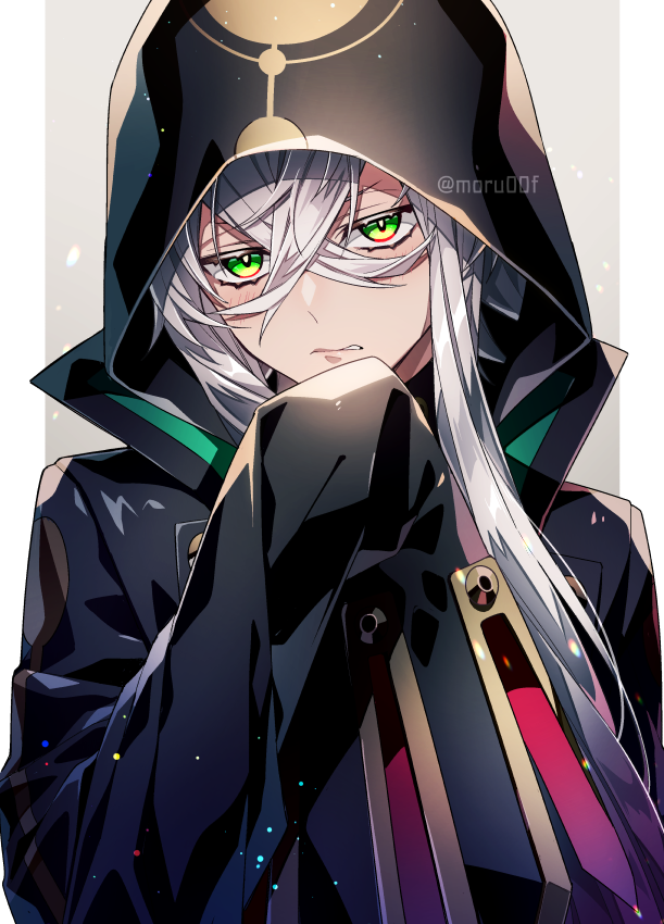 1boy asclepius_(fate) bangs black_jacket fate/grand_order fate_(series) green_eyes hair_between_eyes hood hooded_jacket jacket long_hair long_sleeves looking_at_viewer male_focus moru00f silver_hair sleeves_past_wrists solo upper_body very_long_hair