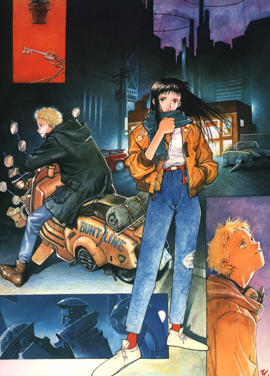 1990s_(style) 1girl 2boys black_hair blonde_hair brown_eyes goggles goggles_removed ground_vehicle highres jacket key long_hair motor_vehicle motorcycle multiple_boys official_art r20 robot sadamoto_yoshiyuki scarf science_fiction shoes short_hair smile traditional_media