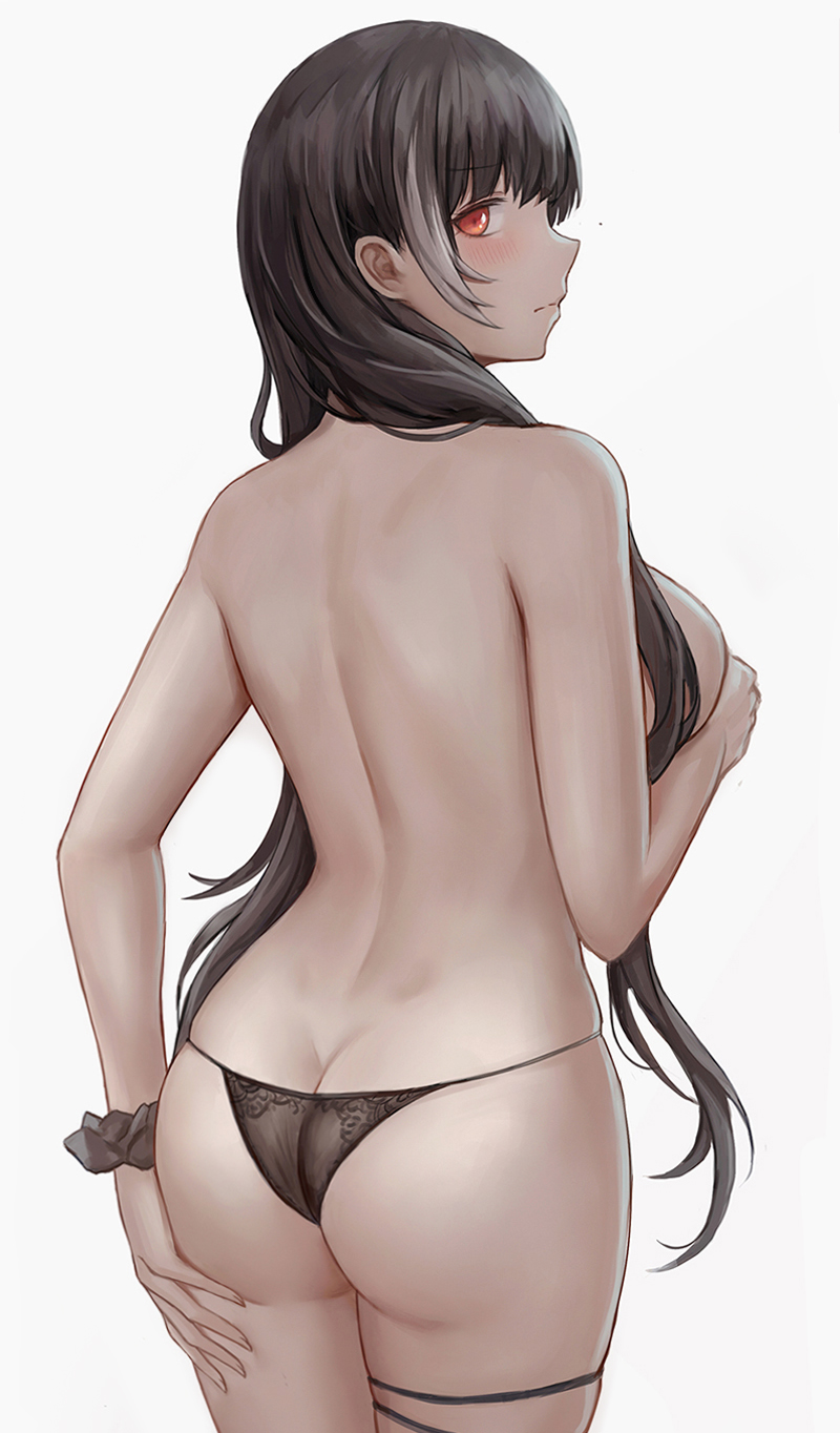 1girl ass back bare_back bare_shoulders black_hair black_panties blush breasts closed_mouth duplicate eyebrows_visible_through_hair girls_frontline hand_on_ass highlights highres holding_breath long_hair looking_at_viewer looking_back medium_breasts multicolored_hair no_bra panties red_eyes ro635_(girls_frontline) selcky sideboob sidelocks skindentation solo standing topless underwear very_long_hair white_background