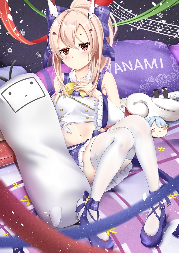 1girl armpits ayanami_(azur_lane) ayanami_(troubled_star_idol)_(azur_lane) azur_lane bangs blurry blush bow brown_eyes character_doll character_name collarbone commentary_request depth_of_field detached_sleeves eyebrows_visible_through_hair fubuki_(azur_lane) hair_bow hair_ornament hair_ribbon hairclip hand_on_own_chest head_tilt headgear idol long_hair looking_at_viewer midriff musical_note navel petals pillow pleated_skirt ponytail purple_footwear retrofit_(azur_lane) ribbon shoes sidelocks silver_hair sitting skirt solo sword thigh-highs u.b_m1s2s weapon white_legwear wide_sleeves zettai_ryouiki