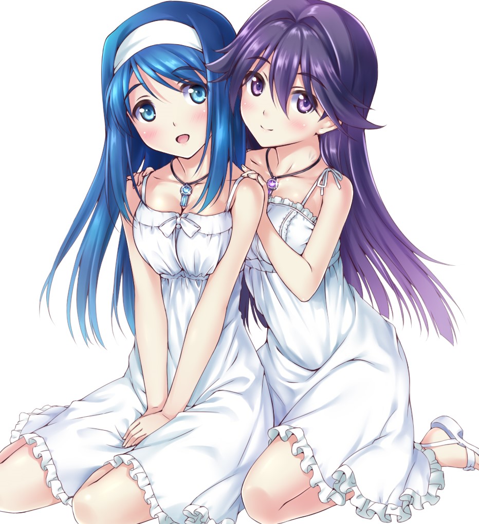 2girls blue_eyes blue_hair breasts commentary_request dress frilled_dress frills full_body futaba_aoi_(vividred_operation) hairband jewelry kneeling kuroki_rei long_hair looking_at_viewer medium_breasts multiple_girls necklace nonbe open_toe_shoes purple_hair simple_background spaghetti_strap sundress v_arms violet_eyes vividred_operation white_background white_dress white_footwear white_hairband