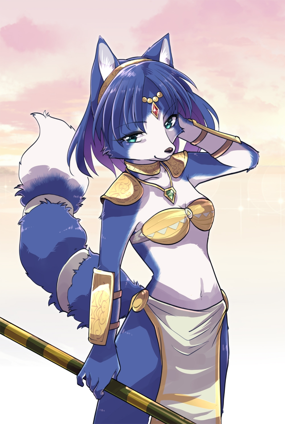 1girl :3 animal_ears animal_nose aqua_eyes arm_behind_head arm_up armor bandeau bangs blue_fur blue_hair body_fur breasts choker circlet closed_mouth clouds collarbone commentary cowboy_shot crystal emerald_(gemstone) eyebrows_visible_through_hair fox_ears fox_girl fox_tail furry glint gold gradient gradient_background hairband happy highres holding holding_spear holding_weapon jewelry krystal loincloth looking_at_viewer medium_breasts namagaki_yukina navel necklace orange_sky outdoors pelvic_curtain pinky_out polearm ruby_(gemstone) shiny shiny_hair short_hair shoulder_armor sky smile snout solo spear standing star_fox star_fox_adventures stomach sunset tail tail_ornament tail_ring tribal two-tone_fur vambraces weapon white_fur yellow_choker yellow_hairband