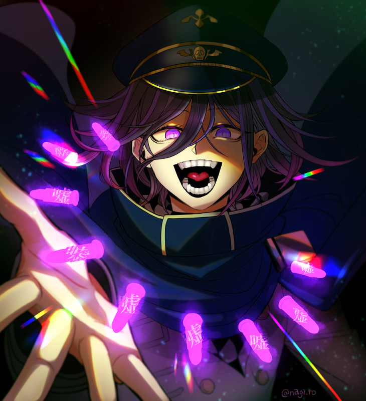 1boy :d artist_name bangs black_cape black_headwear bullet cape checkered checkered_scarf commentary_request dangan_ronpa_(series) dangan_ronpa_v3:_killing_harmony evil_grin evil_smile fangs flipped_hair floating_cape glowing glowing_eye grin hat looking_at_viewer male_focus nagi_to_(kennkenn) open_hand open_mouth ouma_kokichi peaked_cap purple_hair scarf short_hair smile solo teeth tongue upper_body violet_eyes