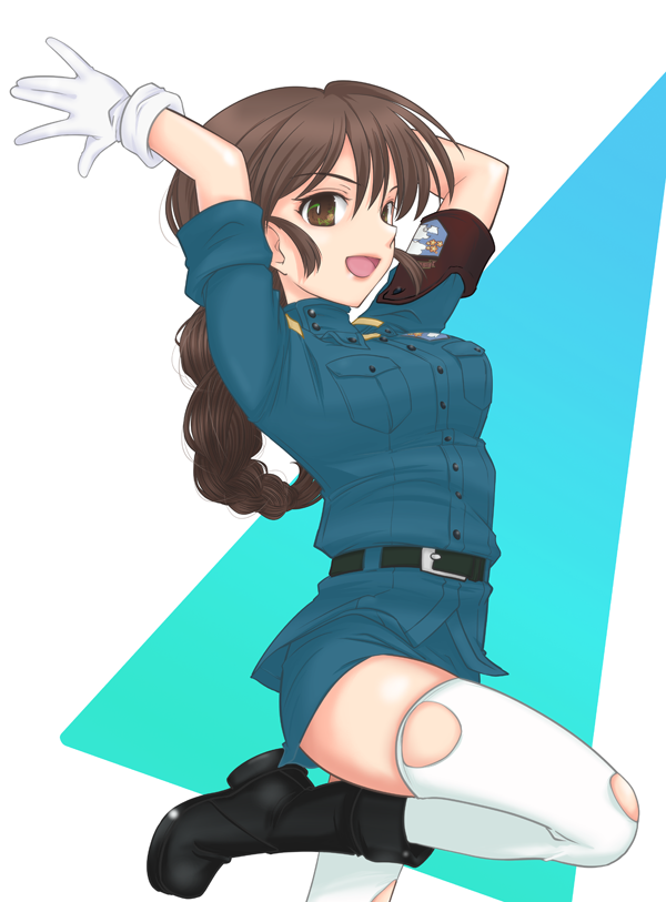 1girl alternate_costume armband arms_up bangs belt black_belt black_footwear blue_jacket blue_skirt boots braid brown_eyes brown_hair combat_boots commentary_request cowboy_shot emblem girls_und_panzer jacket leg_up long_hair looking_at_viewer military military_uniform miniskirt open_mouth partial_commentary pencil_skirt rukuriri_(girls_und_panzer) rukuriritea short_sleeves single_braid skindentation skirt sleeves_rolled_up smile solo st._gloriana's_(emblem) standing standing_on_one_leg thigh-highs torn_clothes torn_legwear uniform