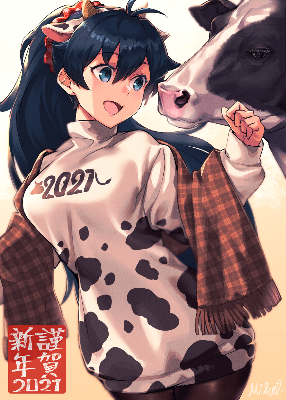 1girl 2021 :d ahoge animal animal_ears antenna_hair artist_name bangs black_hair black_legwear blue_eyes blush breasts brown_scarf chinese_zodiac cow cow_ears cow_horns cowboy_shot dress eyebrows_visible_through_hair fake_animal_ears fake_horns fang ganaha_hibiki gradient gradient_background hair_between_eyes hair_ornament hair_scrunchie hairband highres horns idolmaster idolmaster_(classic) long_sleeves medium_breasts mikel_(4hands) new_year open_mouth pantyhose plaid plaid_scarf ponytail print_dress print_sweater scarf scrunchie signature skin_fang smile solo sweater sweater_dress two-tone_hairband year_of_the_ox yellow_background