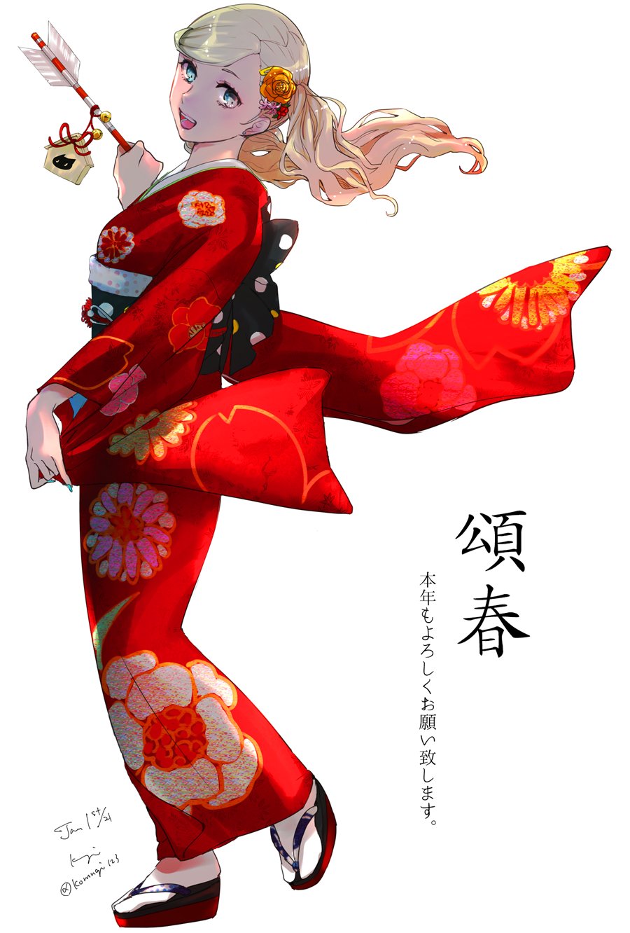 1girl backlighting bangs blonde_hair blue_eyes commentary_request dated floral_print flower from_side full_body hair_flower hair_ornament hand_up highres holding japanese_clothes kimono komugi_(mugiwaraclub) long_hair looking_at_viewer looking_to_the_side obi open_mouth persona persona_5 print_kimono red_kimono sandals sash shadow signature solo takamaki_anne translation_request twintails twitter_username white_legwear wide_sleeves yukata