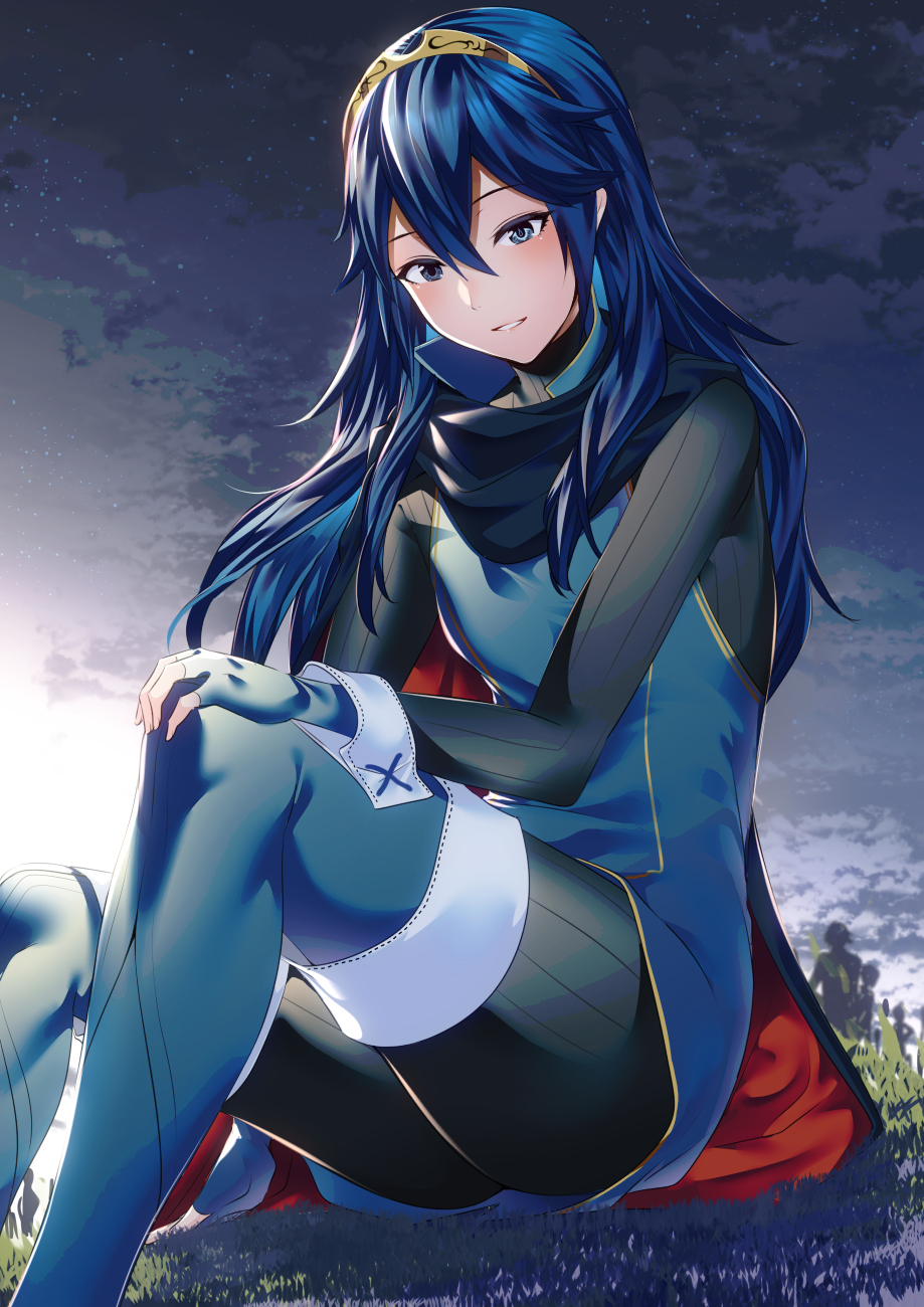 1girl ameno_(a_meno0) blue_eyes blue_hair blush boots cape clouds cuffs fingerless_gloves fire_emblem fire_emblem_awakening gloves grass hair_ornament highres long_hair looking_at_viewer lucina lucina_(fire_emblem) open_mouth sitting smile star_(sky) sunrise symbol-shaped_pupils thigh-highs thigh_boots tiara turtleneck very_long_hair