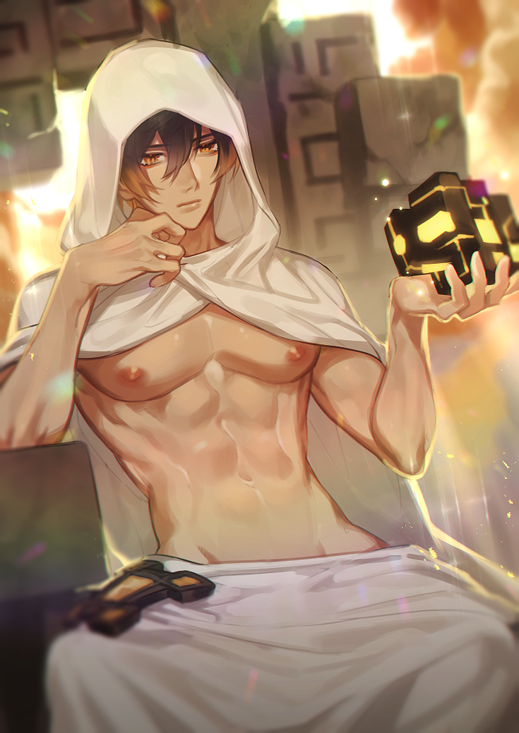 1boy abs areolae bangs bare_pecs black_hair blurry blurry_background blurry_foreground brown_hair cloak closed_mouth clouds cloudy_sky eyebrows_visible_through_hair genshin_impact hair_between_eyes hand_on_own_chin holding hood hood_up hooded_cloak male_focus midriff multicolored_hair navel nipples owowow0 short_hair sitting sky solo throne toned toned_male white_cloak yellow_eyes zhongli_(genshin_impact)