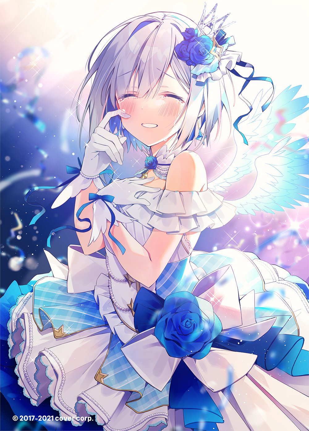 1girl amane_kanata angel_wings blue_flower blue_hair blue_rose blush bow breasts closed_eyes colored_inner_hair commentary cowboy_shot crown crying crying_with_eyes_open detached_collar dress earrings eyebrows_visible_through_hair flower frilled_dress frills gloves grin hair_between_eyes hair_ribbon halo hand_on_own_chest happy_tears highres hololive idol jewelry large_bow light_rays looking_at_viewer mini_crown multicolored_hair official_alternate_costume official_art oshio_(dayo) pink_hair ribbon rose short_hair silver_hair sleeveless sleeveless_dress small_breasts smile solo streaked_hair tears virtual_youtuber watermark white_bow white_dress white_gloves wings wiping_tears