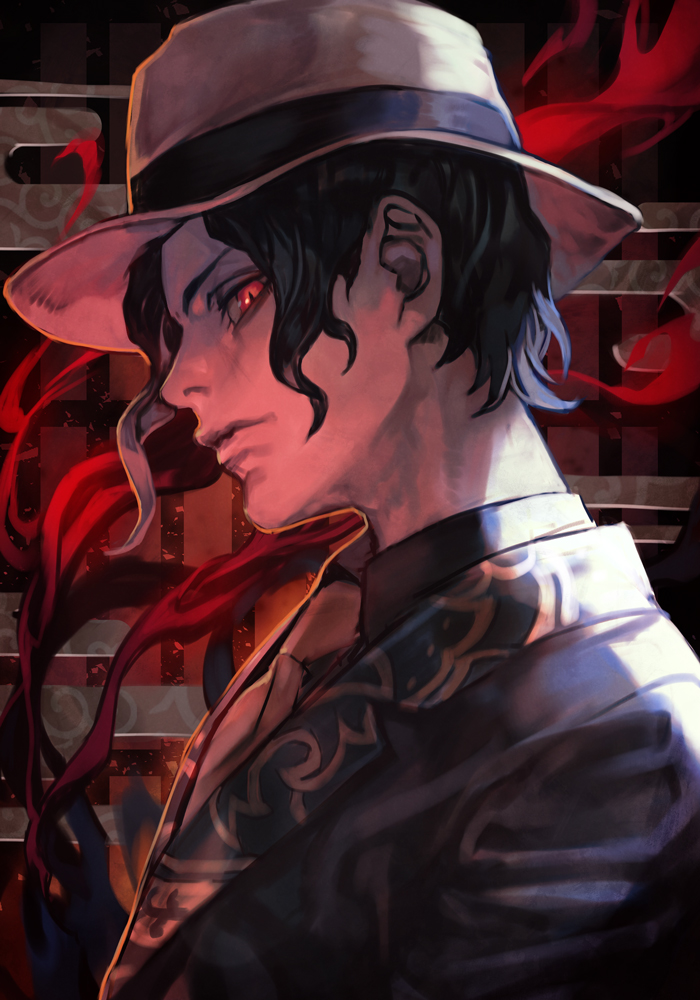 1boy black_hair black_shirt blood brick brick_wall demon evil evil_eyes formal glowing glowing_eyes hankuri hat hankuri kibutsuji_muzan kimetsu_no_yaiba looking_at_viewer male_focus medium_hair necktie pale_skin patterned red_eyes shade shaded_face shirt suit white_headwear white_neckwear