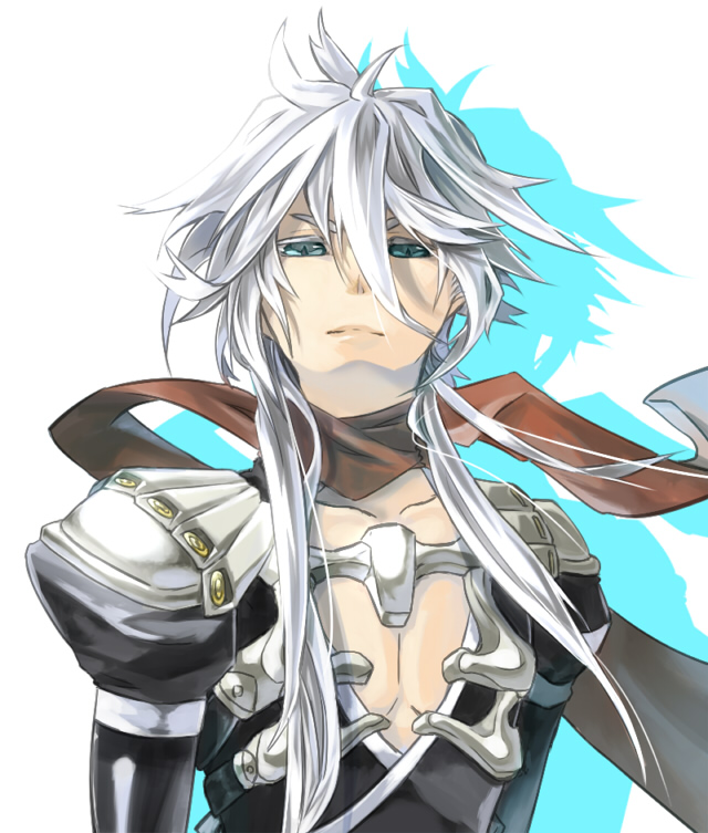 1boy azumi_on bare_pecs blue_eyes character_request closed hair_between_eyes long_hair male_focus ragnarok_online red_scarf scarf solo upper_body white_background white_hair