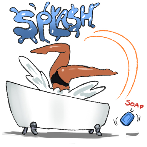 1girl arung_samudra_(cessa) bathtub cessa claw_foot_bathtub dark_skin dark-skinned_female english_commentary english_text lowres ombok_diving_and_delivery_services simple_background soap solo splashing upside-down white_background