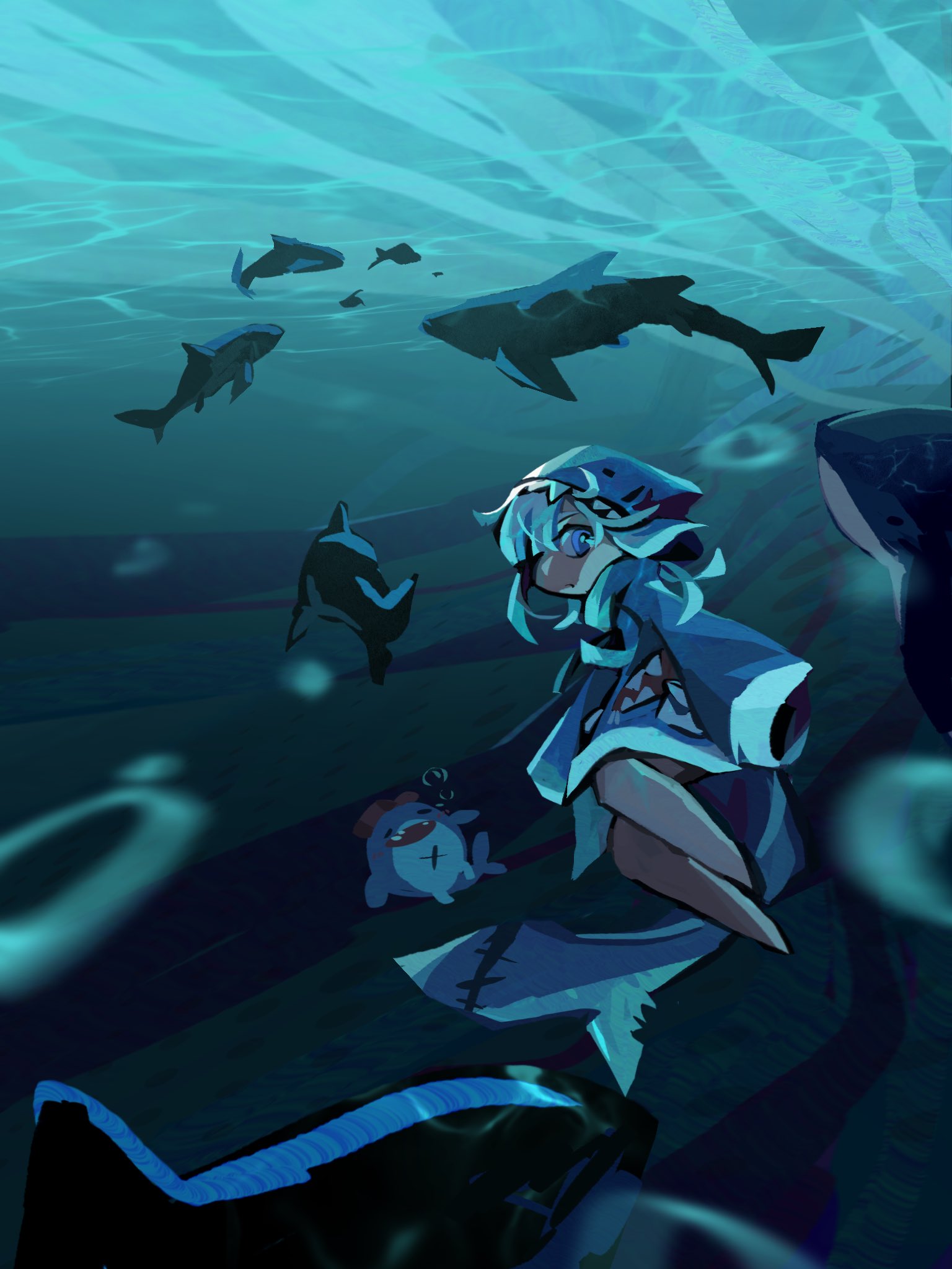 1girl =_= animal_hood bangs bloop_(gawr_gura) blue_eyes blunt_bangs gawr_gura highres hololive hololive_english hood looking_at_viewer looking_back one_eye_covered open_mouth scenery shark shark_hood sleeves_past_fingers sleeves_past_wrists swimming underwater virtual_youtuber xyzal