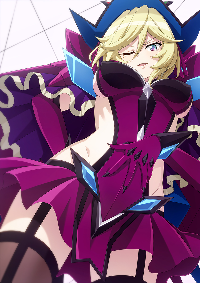 1girl black_legwear blonde_hair blue_eyes breasts carol_malus_dienheim elbow_gloves garter_straps gloves highres large_breasts looking_at_viewer looking_down miona_yui mole mole_under_eye older one_eye_closed open_mouth purple_gloves senki_zesshou_symphogear shiny shiny_hair shiny_skin short_hair side_cutout sideless_outfit skirt smile solo standing thigh-highs