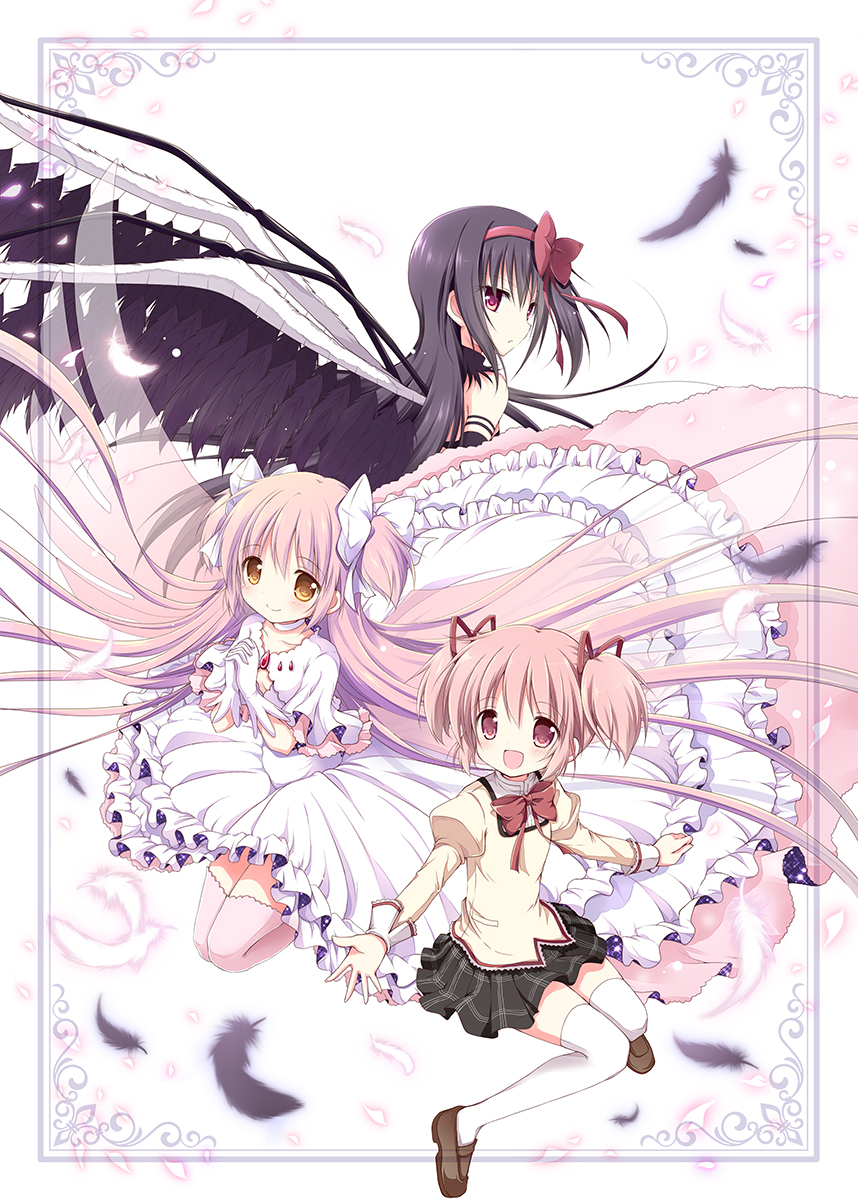 3girls :d akemi_homura akuma_homura bare_shoulders black_feathers black_hair black_skirt blush bow bowtie choker commentary_request dual_persona gloves goddess_madoka hair_bow hair_ribbon hairband hands_together highres kaname_madoka kneeling long_hair long_sleeves mahou_shoujo_madoka_magica mahou_shoujo_madoka_magica_movie mitakihara_school_uniform multiple_girls nanase_miori open_mouth outstretched_arms outstretched_hand photoshop_(medium) pink_eyes pink_hair pink_legwear plaid plaid_skirt pleated_skirt puffy_sleeves red_bow red_eyes red_hairband red_neckwear red_ribbon ribbon school_uniform short_hair short_sleeves skirt sleeveless smile spoilers thigh-highs twintails two_side_up white_background white_bow white_choker white_feathers white_gloves white_legwear wings yellow_eyes