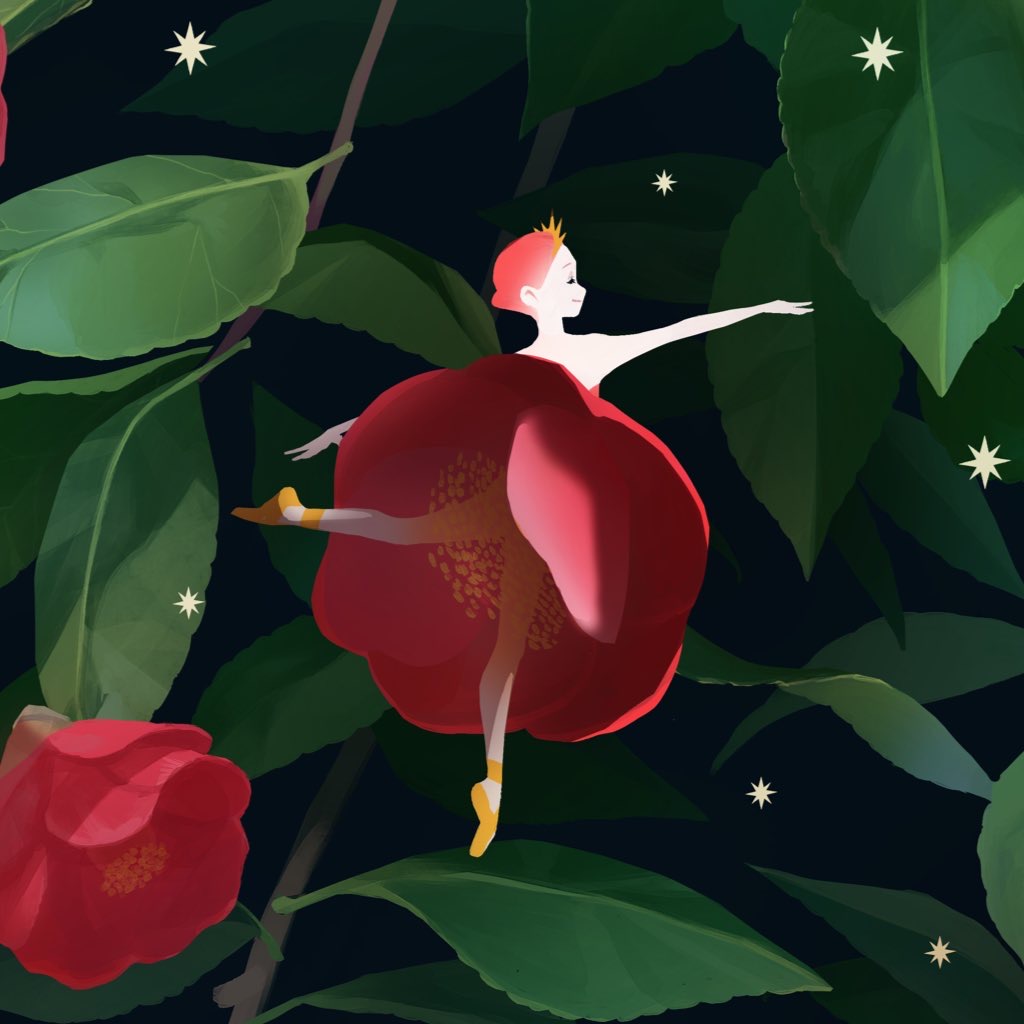 1girl ballerina bare_shoulders camellia closed_eyes closed_mouth cropped dancing dress dress_flower flower leaf mu_mashu original personification plant red_dress red_flower redhead smile solo sparkle tiara yellow_footwear