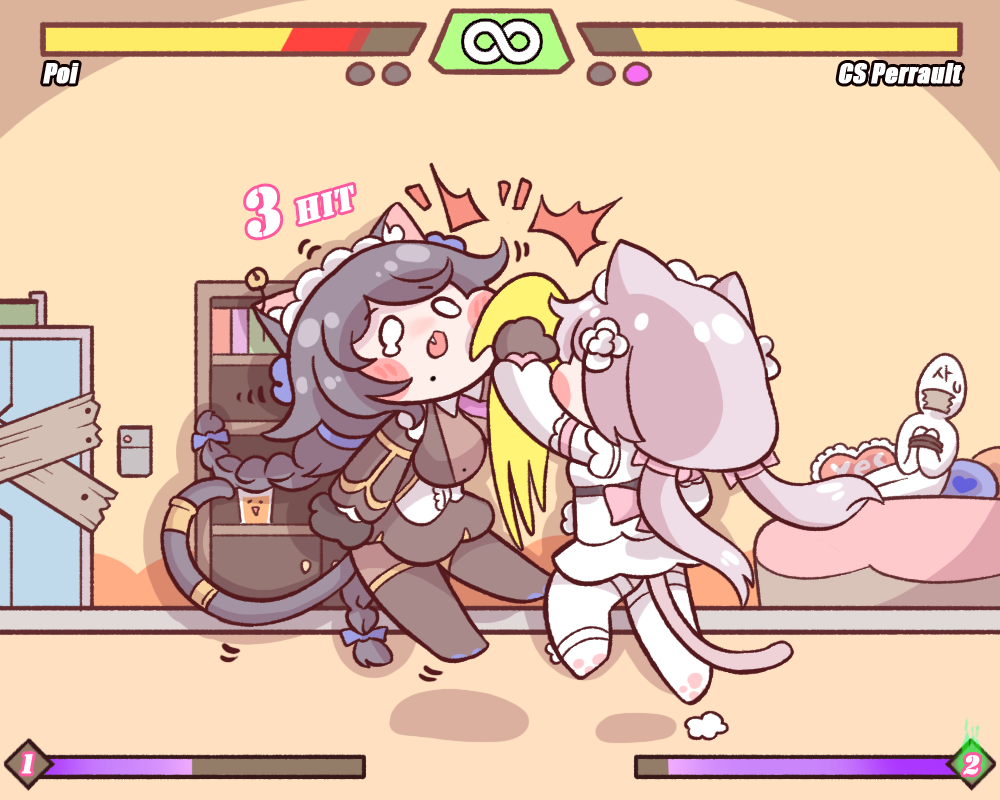 1boy 2girls absurdly_long_hair animal_ears bed black_hair blush_stickers bound bound_wrists braid breasts bulga cat_ears cat_girl cat_tail character_name chibi combo_counter commander_(last_origin) cs_perrault english_text faceless faceless_male fake_screenshot fang fighting fighting_game gag health_bar improvised_gag in_the_face last_origin long_hair maid_headdress mole mole_on_breast mole_under_mouth multiple_braids multiple_girls necktie open_mouth poi_(last_origin) punching silver_hair special_moves sweatdrop tail tape tape_gag tearing_up twintails uppercut very_long_hair video_game