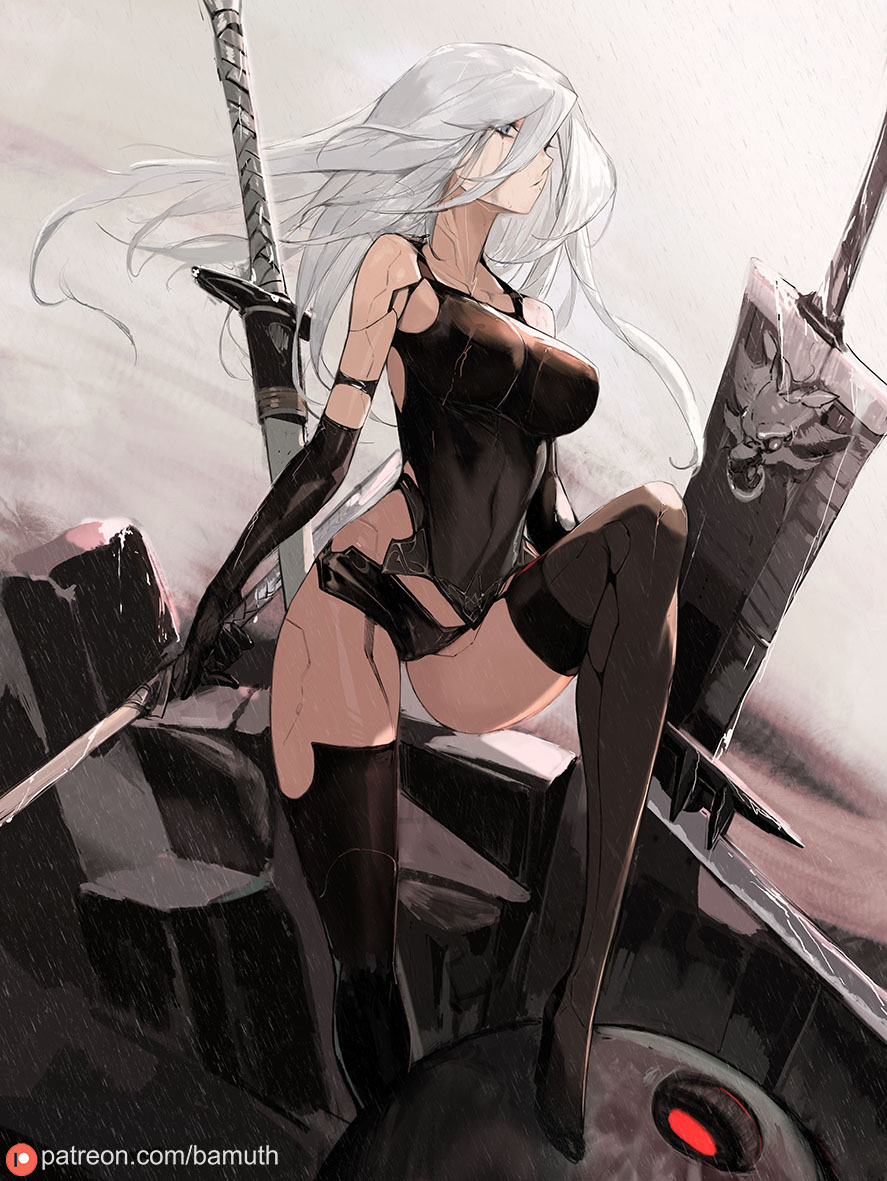 1girl bamuth bare_shoulders black_gloves black_legwear blue_eyes breasts covered_navel elbow_gloves gloves hair_between_eyes high_heels holding holding_sword holding_weapon long_hair nier_(series) nier_automata silver_hair solo sword thigh-highs weapon yorha_type_a_no._2