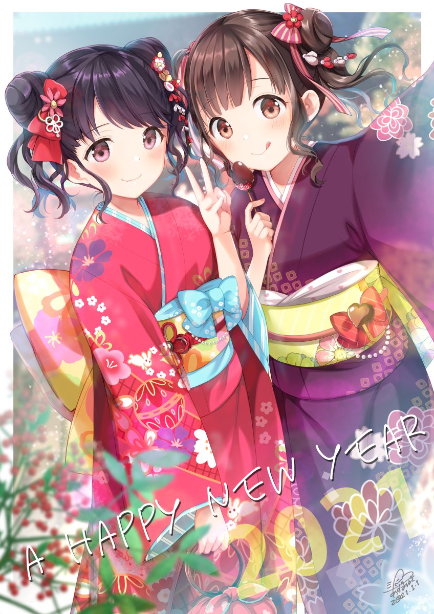 2girls azuma_yuki bangs black_hair blurry blurry_background blurry_foreground bow brown_eyes brown_hair chocolate commentary_request double_bun dutch_angle fangs flower food fruit fukumaru_koito hair_bow hair_flower hair_ornament highres idolmaster idolmaster_shiny_colors japanese_clothes kimono licking_lips looking_at_viewer multiple_girls new_year obi pink_kimono purple_kimono sash short_hair skin_fangs sonoda_chiyoko strawberry tongue tongue_out twintails v violet_eyes wide_sleeves