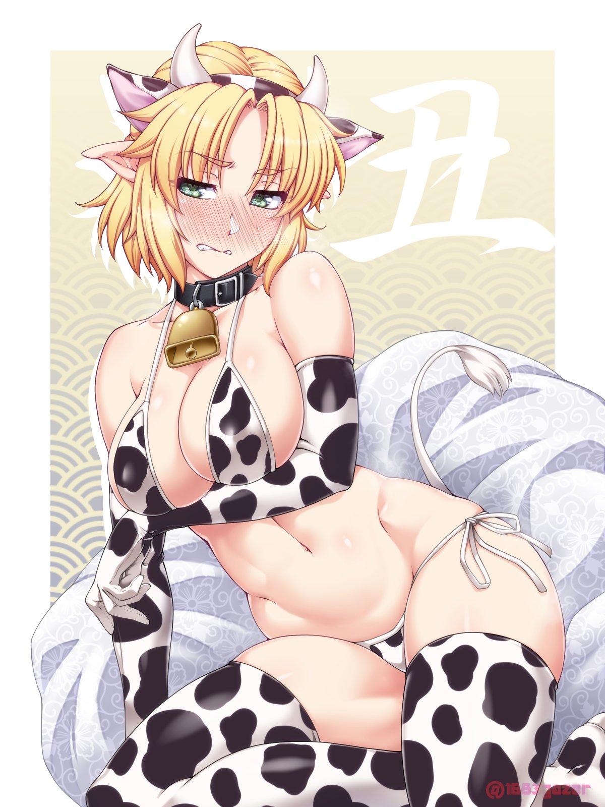 1girl animal_ears animal_print bell bell_collar bikini black_collar blonde_hair blush breasts clenched_teeth collar cow_ears cow_horns cow_print cow_tail eyebrows_visible_through_hair fake_animal_ears fake_horns green_eyes highres horns large_breasts mizuhashi_parsee navel nose_blush ootsuki_wataru pointy_ears short_hair side-tie_bikini sitting solo sweatdrop swimsuit tail teeth thigh-highs touhou wavy_mouth
